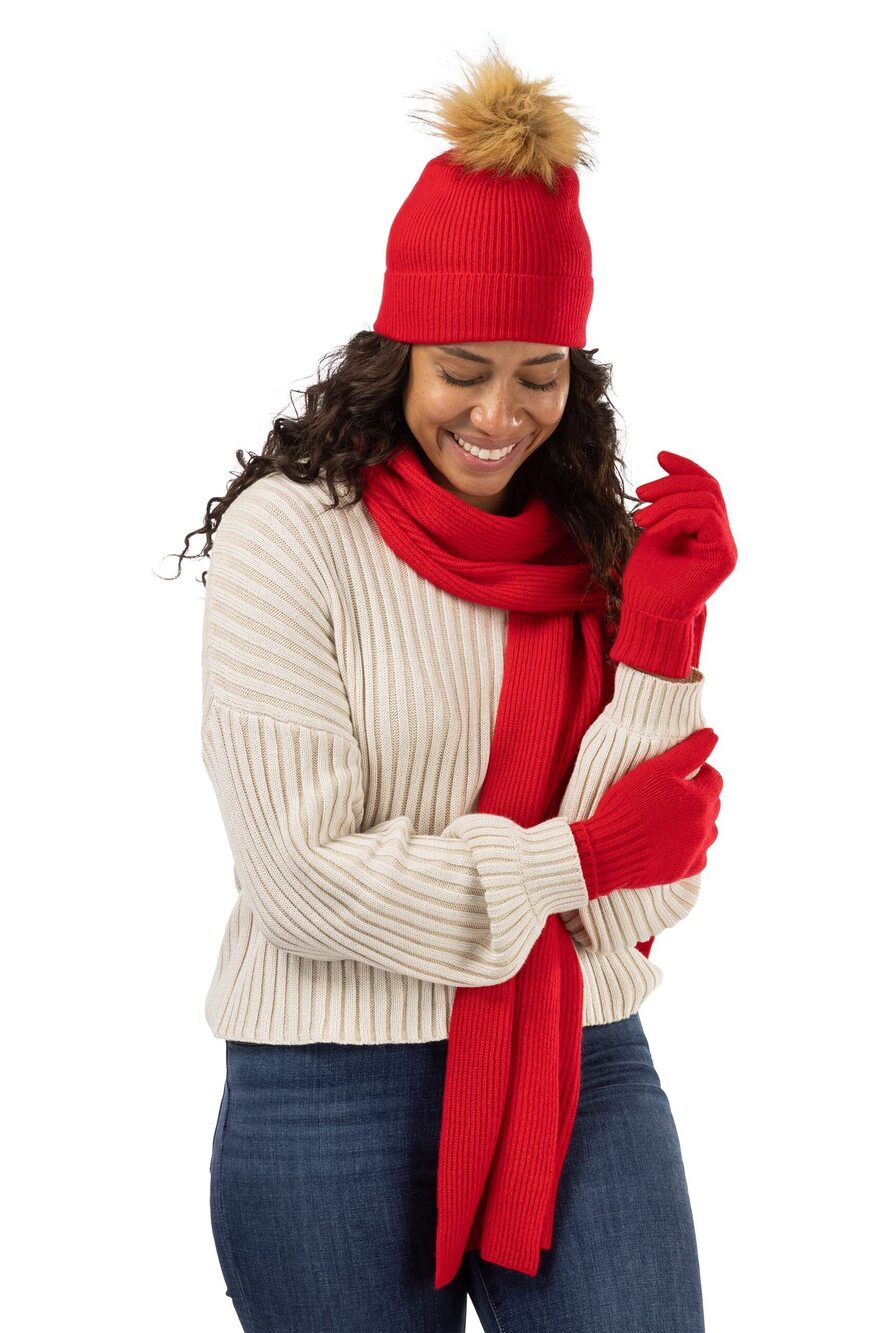 8153 3 piece Pure Cashmere Pom Beanie Hat Glove & Scarf Set Cardinal Red
